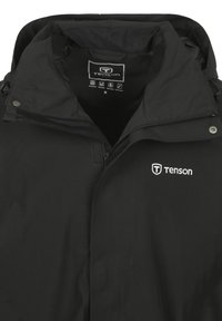 Zwarte waterdichte jas met ritssluiting, hoge kraag en logolabel aan de binnenkant. Heeft een gladde stof en functionele ontwerpelementen.