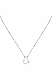 Collana d'argento con un pendente a forma di cuore adornato con piccole gemme trasparenti, caratterizzata da una sottile catena con un design testurizzato.