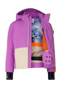 Fialová a béžová mikina s kapucí, černé manžety na zápěstí, rozepnutý zip odhaluje barevnou podšívku s síťovinou a potištěným designem.