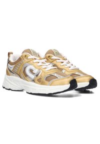 Gouden en zilveren atletische sneakers met gaasaccenten, witte veters, een gevoerde zool en een gestructureerde bovenkant voor ademend vermogen en ondersteuning.