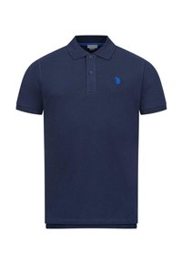 Navy blue polo shirt made of cotton blend fabric, featuring a three-button placket and a small embroidered logo on the left chest.