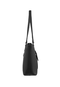 Sac à main en cuir noir avec une forme structurée, deux longues poignées et une surface texturée. Les caractéristiques incluent une fermeture éclair sur le côté et une sangle réglable.