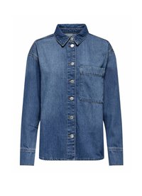 Denim overhemd in middelblauw met een knoopsluiting aan de voorkant, kraag, een borstzak en lange mouwen met knopen bij de manchetten.