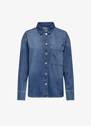 Vidutinio mėlynumo džinsinė marškiniai su mygtukų užsegimu, apykakle, viena krūtinės kišenė ir ilgomis rankovėmis su mygtukais.