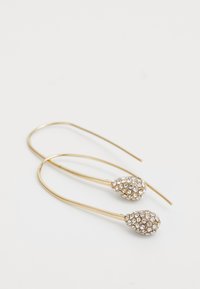 Gold-colored earrings with elongated hooks featuring teardrop-shaped accents adorned with clear rhinestones for added sparkle.