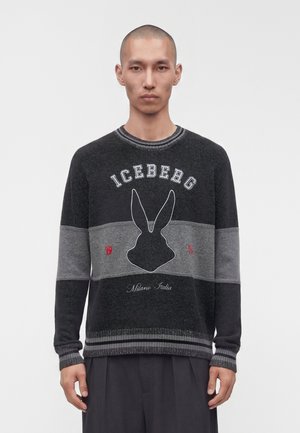 Homme portant un pull gris foncé et noir avec une silhouette de lapin, texte "ICEBERG" et inscription "Milano Italia" à l'avant, debout sur un fond blanc.