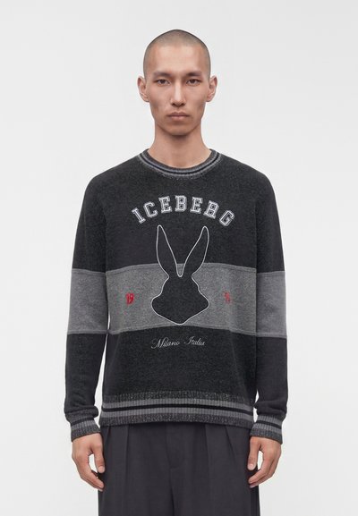 Homme portant un pull gris foncé et noir avec une silhouette de lapin, texte "ICEBERG" et inscription "Milano Italia" à l'avant, debout sur un fond blanc.
