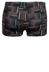 Schwarze und graue Badehorts mit einem geometrischen Muster aus horizontalen und vertikalen Linien in Blau und Grün. Weicher, dehnbarer Stoff, körperbetonter Schnitt.