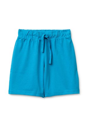 Blaue elastische Shorts mit Kordelzug, aus weichem Stoff, flach auf weißem Hintergrund gelegt.