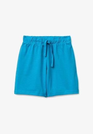 Blaue elastische Shorts mit Kordelzug, aus weichem Stoff, flach auf weißem Hintergrund gelegt.