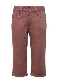 Brązowe spodenki o kroju 3/4 z gładką fakturą, z zapięciem na guzik, szlufkami na pasek i podwiniętymi mankietami. Widoczne są dwie przednie kieszenie.