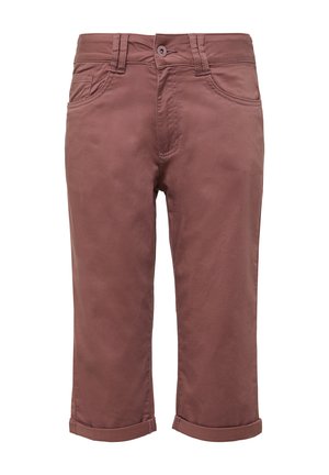 Pantaloni cropped marroni con una texture liscia, dotati di chiusura a bottone, passanti per cintura e risvolti. Sono visibili due tasche anteriori.