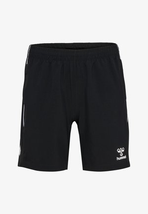 Svarta sportshorts med elastisk midjeresår, vita sidostrippar och vit Hummel-logotyp på nederdelen av höger ben.