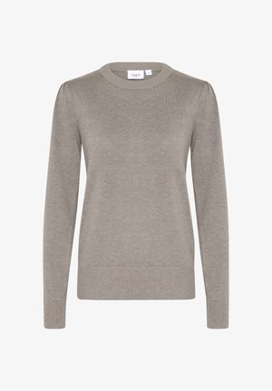 Pulover gri tricotat cu manșon lung, guler rotund și mansete și tiv elastice. Textură netedă cu detalii subtile ale manșonului bombat.