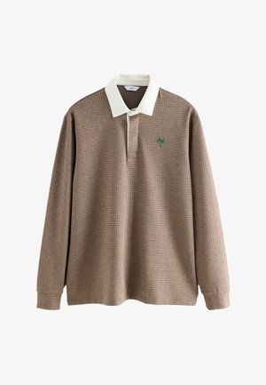 Maglia da rugby a maniche lunghe marrone a quadri con colletto bianco e logo "N" ricamato in verde sul petto a sinistra.