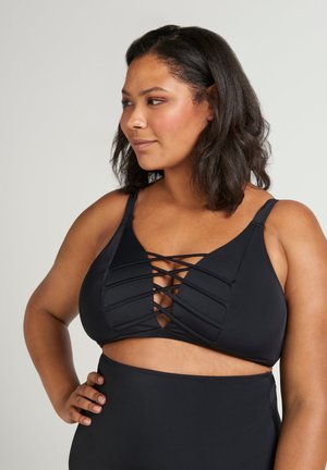 Black bikini top featuring a cross-lattice design at the front, adjustable straps, and smooth fabric. Comes with matching high-waisted bottom.