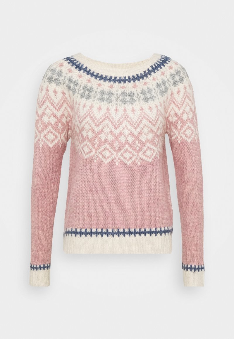 Pull en maille avec un col rond, présentant un dégradé de motifs en rose, crème et bleu. Des motifs géométriques ornent le col et l'ourlet.