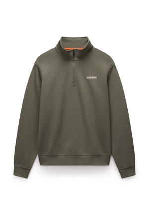 Olive green pullover sweatshirt with a half-zip collar, soft texture, and a logo printed on the left chest. Features orange accent inside collar.