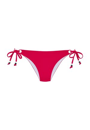 Red bikini bottoms with adjustable side ties featuring small black and silver beads on a white background.
