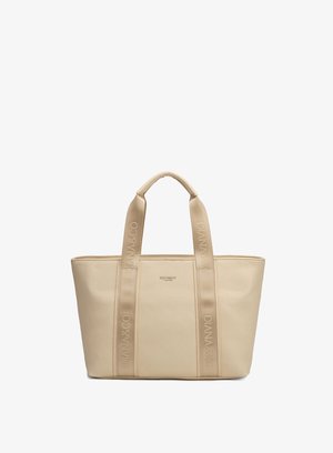 Sac fourre-tout en cuir beige avec deux larges poignées estampillées « DIANA&CO » et un petit logo de marque centré sur le devant.