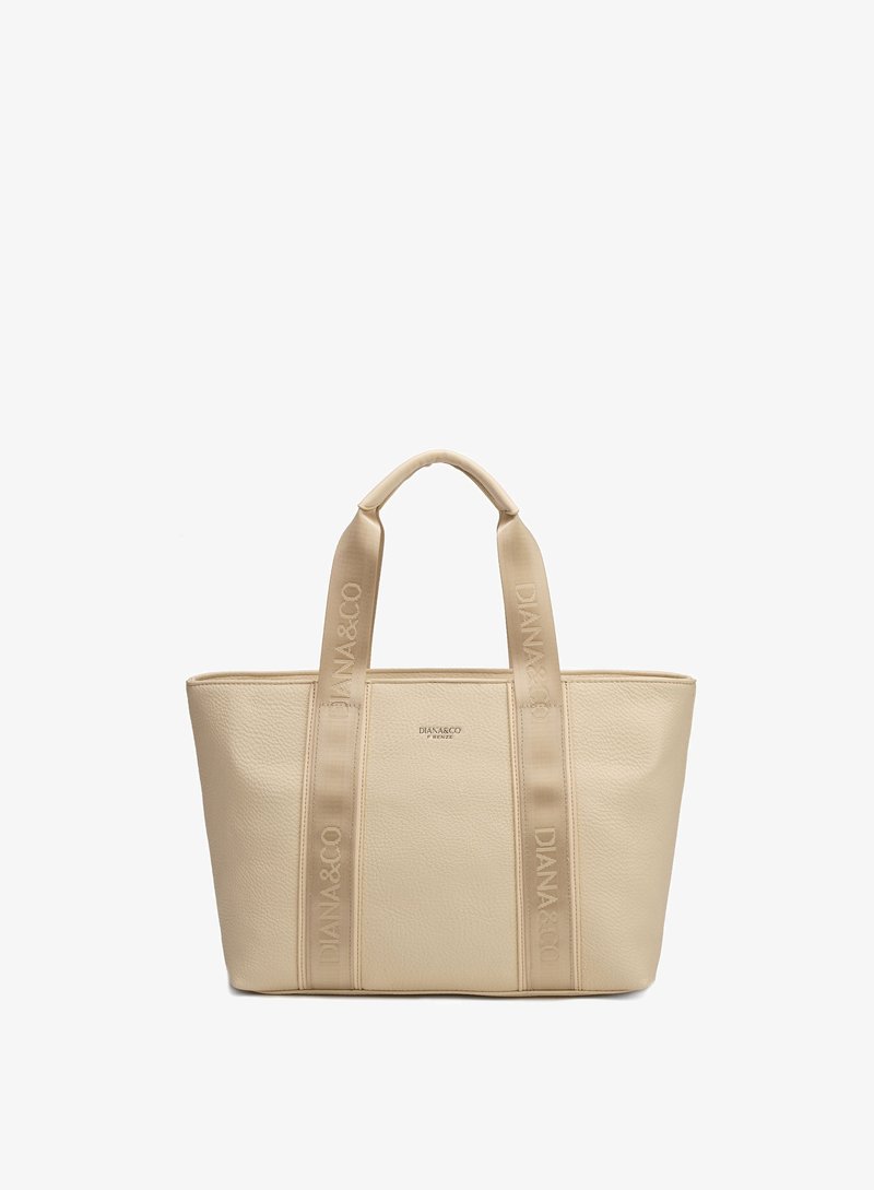Sac fourre-tout en cuir beige avec deux larges poignées estampillées « DIANA&CO » et un petit logo de marque centré sur le devant.