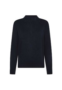 Maglione blu navy, maniche lunghe, texture a coste, colletto rotondo, colore uniforme, senza motivi visibili, tessuto morbido, design semplice.