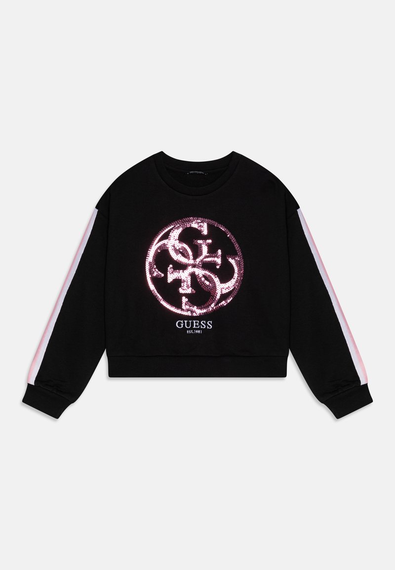 Svart kort sweatshirt med en stor paljetlogo foran. Den har kontrasterende rosa striper langs ermene og ribbede mansjetter.