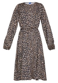 Klänning med leopardmönster, långa ärmar, plisserad kjol och dragsko i midjan. Mjukt tyg med en slät textur i bruna och svarta toner.