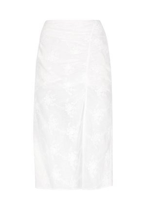 Witte rok met ingewikkelde bloemenborduring, knielang, iets geplooid bij de taille, met een subtiele zijsplit en textiel met een structuur.