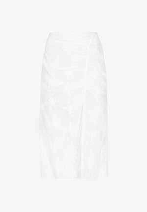 Witte rok met ingewikkelde bloemenborduring, knielang, iets geplooid bij de taille, met een subtiele zijsplit en textiel met een structuur.