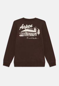 Felpa marrone con un design grafico che raffigura un edificio, alberi e un'auto con il testo "Aspen Alpine Resort" e "Deve essere questo il posto."