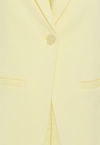 Gros plan sur un blazer jaune pâle avec un unique bouton translucide, un col à revers cranté et deux poches avant horizontales.
