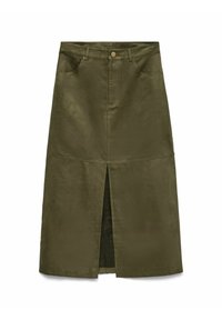 Jupe midi vert olive avec fente centrale à l'avant, passants pour ceinture, poches avant et fermeture à boutons à la taille.