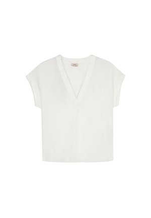 Blusa blanca de manga corta con escote en V y hombros caídos, diseñada para un ajuste relajado. Estilo simple y versátil.