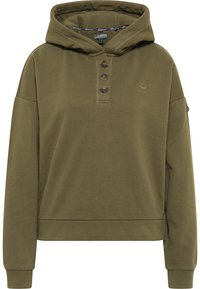 Felpa verde oliva realizzata in materiale morbido, con una placca a bottoni frontale, maniche lunghe e una tasca a marsupio.