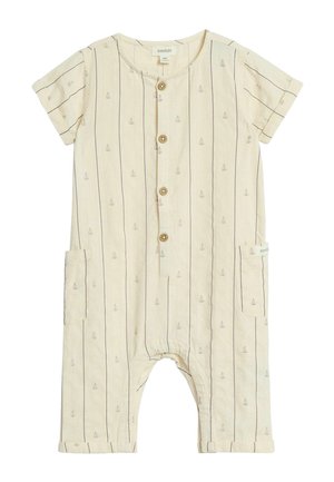 Beiger Baby-Strampler mit kurzen Ärmeln, vertikalen Streifen, kleinen Segelbootmotiven, Knöpfen vorne und Seitentaschen, Größe 60 cm.
