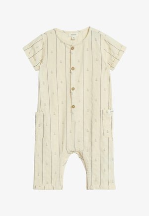 Beige baby romper met korte mouwen, verticale strepen, kleine zeilbootprints, knopen aan de voorkant en zijzakken, maat 60 cm.