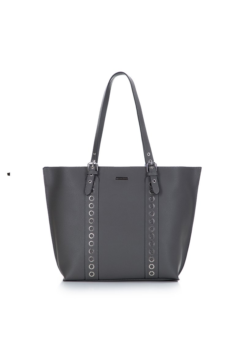 Borsa tote grigia con texture a pelle d'arancia, caratterizzata da accenti di occhielli argentati lungo il centro e doppie spalline regolabili.