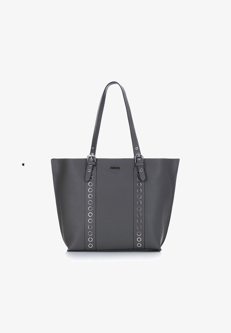 Borsa tote grigia con texture a pelle d'arancia, caratterizzata da accenti di occhielli argentati lungo il centro e doppie spalline regolabili.