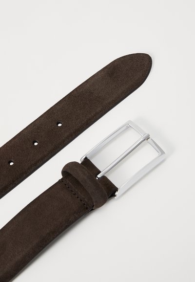 Brown suede belt with a silver rectangular buckle, featuring several holes for adjustment and a smooth texture.