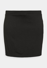 Saia mini preta feita de tecido elástico, com um design simples e liso, apresentando um cós elástico e sem padrões ou detalhes visíveis.