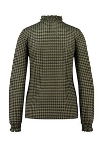 Top a maniche lunghe in verde scuro con motivo pied-de-poule nero, caratterizzato da un collo alto arricciato e polsini arricciati per un tocco di dettaglio.