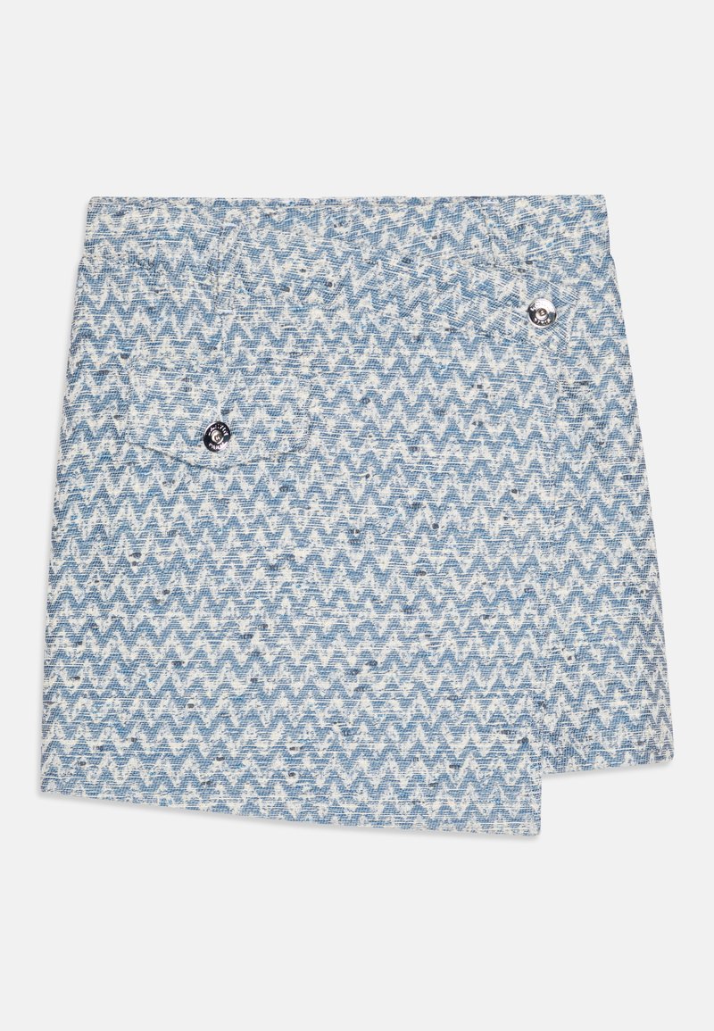 Zilgi un balti zigzaga rakstainā auduma, ar divām sudrabainām pogām, strukturēts dizains un teksturēta sajūta, kas līdzinās aptinamiem svārkiem.