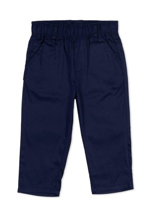 Pantalon bleu marine pour tout-petit avec taille élastique, poches latérales et jambes droites, posé à plat sur fond blanc.
