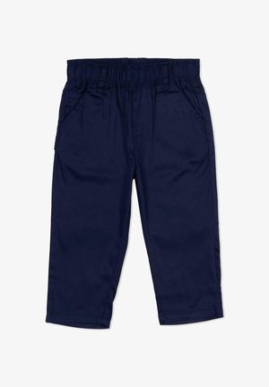 Pantalon bleu marine pour tout-petit avec taille élastique, poches latérales et jambes droites, posé à plat sur fond blanc.