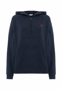 Felpa con cappuccio blu navy con mezza cerniera, tasca a toppa e logo rosso sul petto. Realizzata in un tessuto morbido e strutturato.