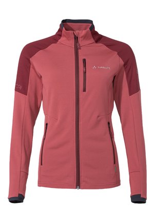 Fleece jack in stofroze, met contrasterende bordeaux schoudersecties. Volledige ritssluiting, twee zijzakken en een borstzak.