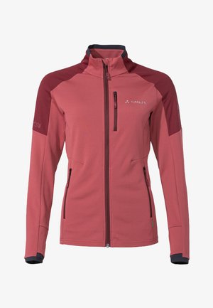 Giacca in pile di colore rosa polveroso, con spalle in maroon a contrasto. Chiusura a zip lungo tutta la lunghezza, due tasche laterali e una tasca sul petto.
