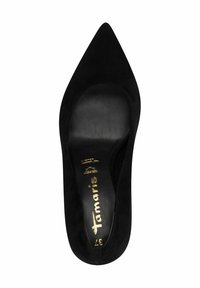 Décolleté in suede nero con punta affusolata e una fodera interna liscia. Presenta un logo impresso in oro sulla soletta. Design pulito ed elegante.