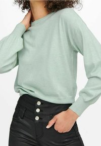 Persona vestida con un suéter de manga larga verde claro metido dentro de pantalones negros de cintura alta con tres botones plateados, con la mano en el bolsillo.